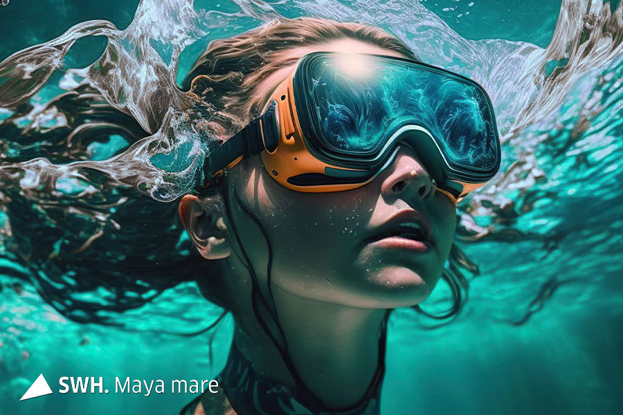 Eine Grafik einer Unterwasseraufnahme: Eine Dame mit langen Haaren trägt eine VR-Brille.