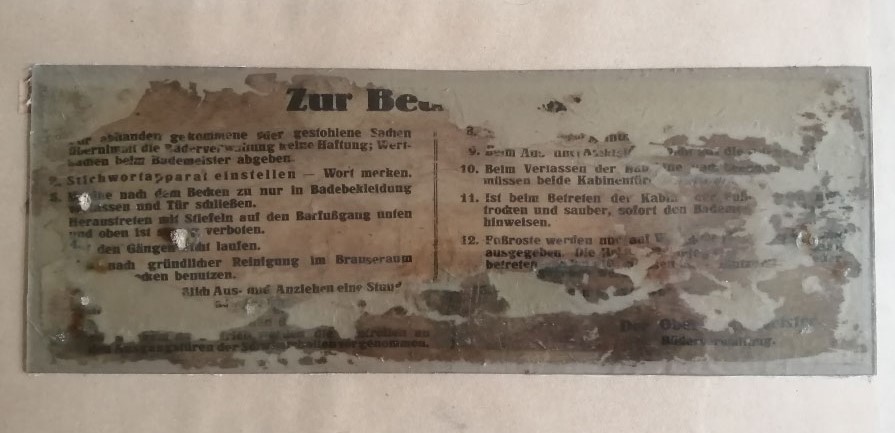 Kopie der Badeordnung aus der ursprünglichen Bauzeit im Jahr 1916.