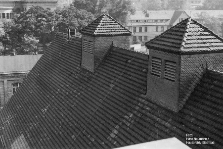 Das Steildach der Männerhalle, Fokus liegt auf zwei aufbauten die zur Entlüftung des Bades dienten.