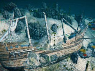 Eine farbenfrohe Animation eines Schiffwracks, welches auf dem Meeresgrund liegt.
