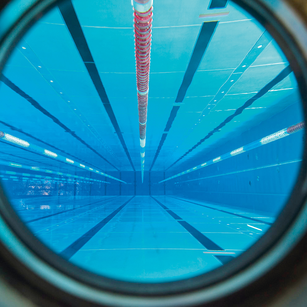 Ein Blick durch das Unterwasserfenster in das Becken der Robert Koch Schwimmhalle.