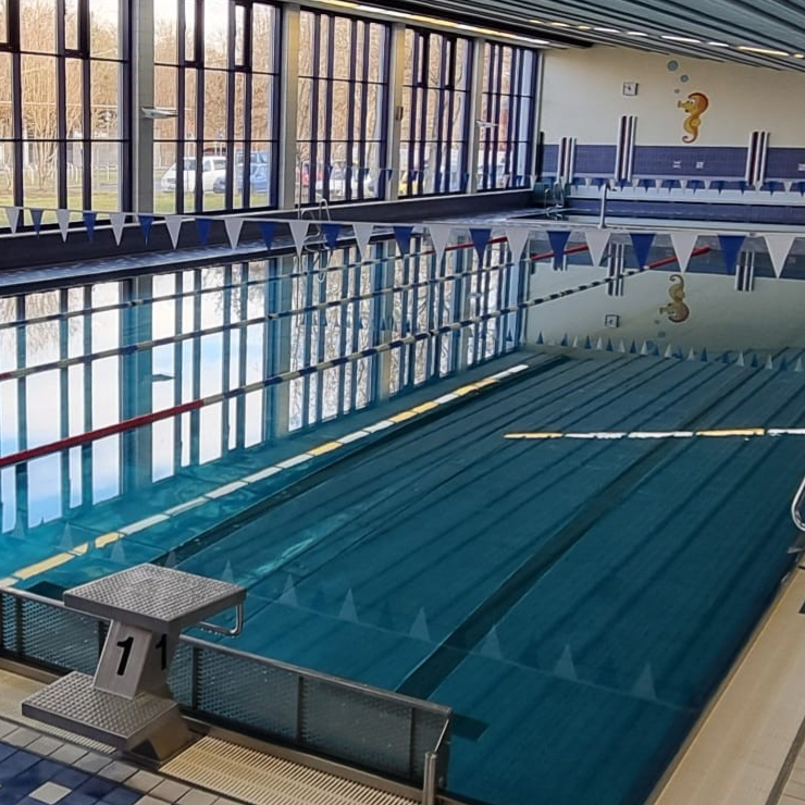 Das Schwimmerbecken der Schwimmhalle Saline. Im Vordergrund ein Startblock.