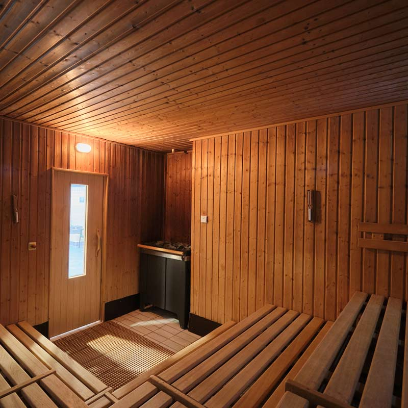 Saunainnenraum mit Holzwänden, Holzbänken und einer Tür mit Fenster