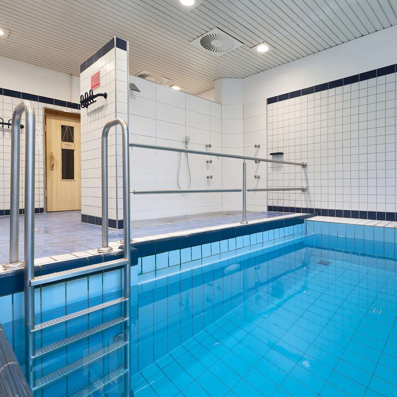 Ansicht eines Schwimmbeckens mit Edelstahlleiter, weißen Wandfliesen und Duschbereich mit Haltegriff und Holztür