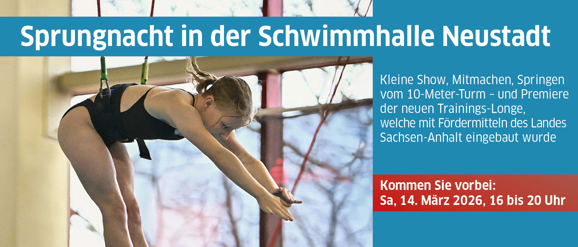 Mädchen an der Longe mit Text zur Bewerbung der Sprungnacht